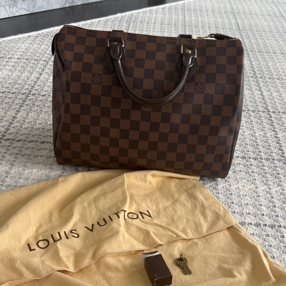 Louis Vuitton Speedy 30 in Damier Ebene canvas.